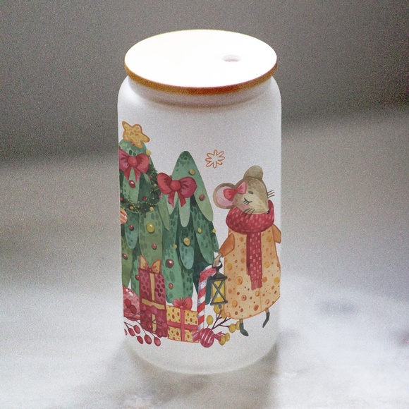 Christmas Character Glasses cup 16 oz glass cup with Straw & Bamboo Lid - Picture 6 of 6